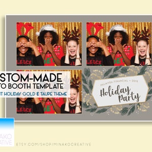 Custom Made Elegant Christmas Party Winter Holiday Festive Gold Green Branches Pine Glitter Photobooth Photo Booth Template