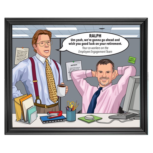 Aangepaste karikatuur pensioen geschenk, kantoorruimte Bill Lumbergh, grappige collega karikatuur geschenk, kantoorruimte gepersonaliseerde pensioen geschenk