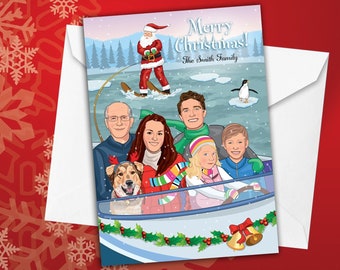Caricature Christmas Card, Family Boating Holiday Card, Custom Portrait Holiday Card, Funny Caricature Christmas Card, Santa waterskiing