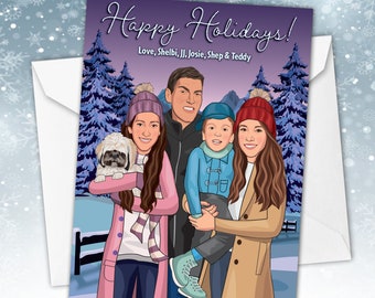 Caricature Holiday Card, Snow Scene Holiday Card, Non Denominational Holiday Card, Winter Scene Holiday Card, Family Snowy Holiday Card