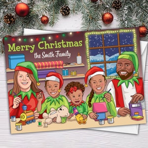 Cartão de Natal exclusivo para a família, Cartão de Natal com caricatura, Cartão de Natal da oficina do Papai Noel, Cartão de Natal divertido para a família, Cartão de Natal do amigo secreto