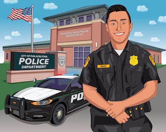 May include: Illustration of a smiling police officer in uniform, standing in front of a Philadelphia Police Department building and a patrol car. The American flag waves in the background. The officer's name tag reads "Ruiz".