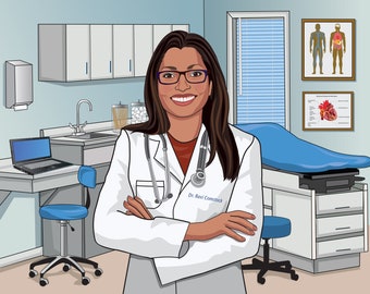 May include: A woman doctor wearing a white lab coat with a stethoscope around her neck, standing in a medical office with a blue examination table and a laptop on a desk. The doctor has brown hair and is smiling. The name tag on her lab coat reads "Dr. Ravi Comstock".