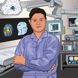 Könnte beinhalten: Eine digitale Illustration einer medizinischen Fachkraft in einem hellblauen Kasack mit verschränkten Armen. Der Hintergrund zeigt einen Operationssaal mit medizinischen Monitoren, die Gehirnscans, ein Wirbelsäulendiagramm und Geräte darstellen.