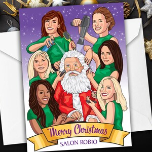 Cartão de Natal de salão de beleza, cartão exclusivo de férias de salão de beleza, cartão de Natal para estilista, cartão de Natal de salão de cabeleireiro caricaturado