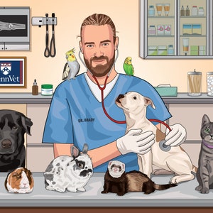Regalo veterinario personalizzato, regalo veterinario per animali, ritratto veterinario personalizzato per animali domestici, caricatura veterinario, fumetto veterinario, pensione medico veterinario\