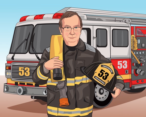 Cadeau pompier Portrait caricature personnalisé à partir de votre photo / cadeau  pompier -  France