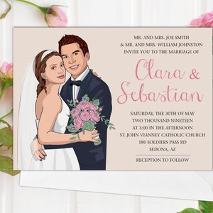 Karikatur-Hochzeitseinladung, kundenspezifische Hochzeitsbraut und Bräutigam-Karikatur einladen, Karikatur einladen, Ehemann-Frau, um Charaktereinladung zu sein