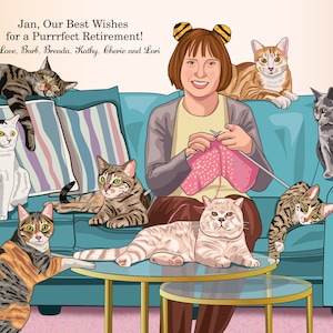 Aangepaste karikatuur pensioen cadeau, grappige Crazy Cat Lady pensioen cadeau, grappige collega karikatuur cadeau, gepersonaliseerde kat pensioen cadeau