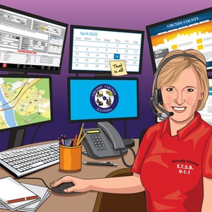 May include: A woman wearing a red shirt with a headset sits at a desk in front of multiple computer monitors. The monitors display a map, a calendar, and a website. The woman is smiling and looking at the camera. The text on the shirt reads "Grundy County E.T.S.B. 9-1-1".