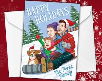 Caricature Christmas Card, Family Sledding Holiday Card, Custom Portrait Holiday Card, Funny Caricature Christmas Card, Merry Christmas Card