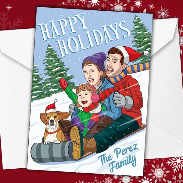 Caricature Christmas Card, Family Sledding Holiday Card, Custom Portrait Holiday Card, Funny Caricature Christmas Card, Merry Christmas Card