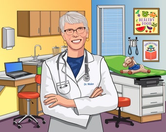 Retrato caricaturesco personalizado de pediatra, regalo de jubilación para médicos