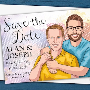 Same Sex Save the Date, Gay Couple Wedding Reminder, LGBT Caricature Save the Date Invitation, Lesbian Couple Save the Date Wedding Reminder