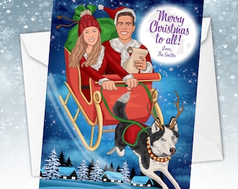 Sleigh Ride Christmas Card, Caricature Christmas Card, Couple and Dog Christmas Card, Fun Family Christmas Card, Sleigh Ride Holiday Card