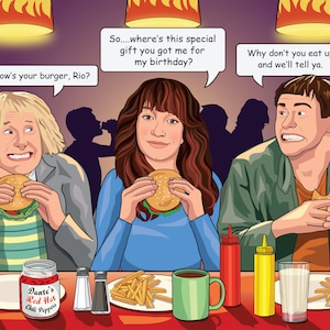Lustiges einzigartiges Geburtstagsgeschenk, personalisierte stumme und dümmere Filmszene, stumme und dümmere Hot Pepper Szene, Karikatur stummes und dümmeres Geschenk
