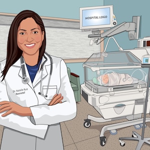 Regalo de médico neonatal personalizado, caricatura de médico de la UCIN, caricatura de neonatólogo, retrato de médico de cuidados intensivos neonatales, enfermera neonatal,
