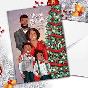 Cartão de Natal de caricatura de casal, cartão de Natal de família de desenho animado, cartão de Natal de família com árvore de Natal, cartão de Natal de casal de noivos