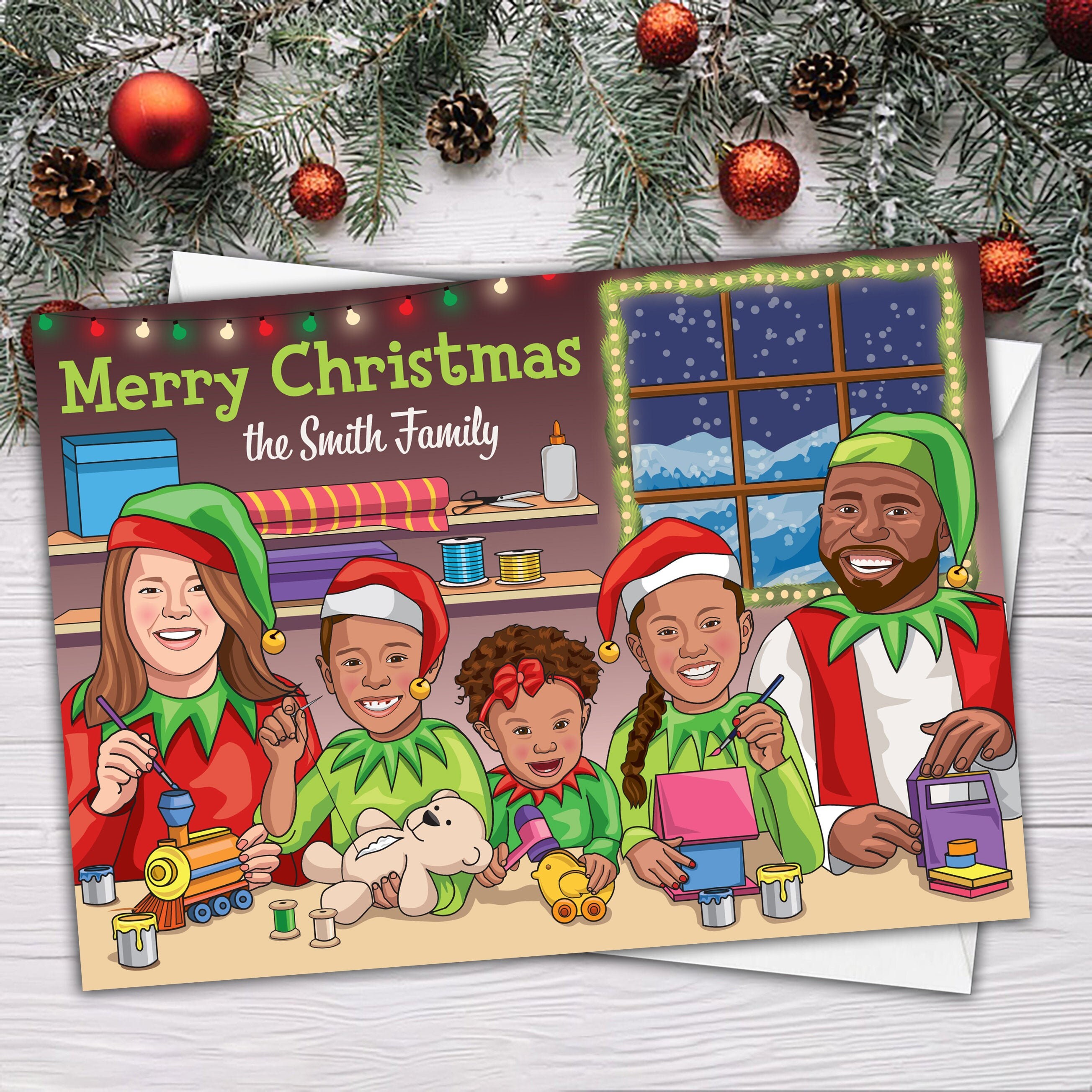 Unique Family Christmas Card, Caricature Christmas Card, Santa Workshop Christmas Card, Fun Family Christmas Card, Secret Santa Holiday Card
