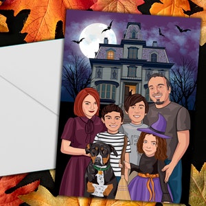 Saludo personalizado de Halloween, tarjeta de Halloween de caricatura familiar, caricatura de Halloween, linda casa embrujada de tarjeta de Halloween, dibujos animados de Halloween