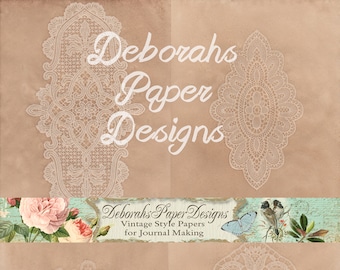 Kit DIGITAL de papel medallón de encaje teñido de café, 8 hojas, 9 tarjetas ATC