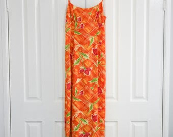 Robe longue vintage des années 90 en rayonne avec imprimé floral orange, fabriquée à Hawaï
