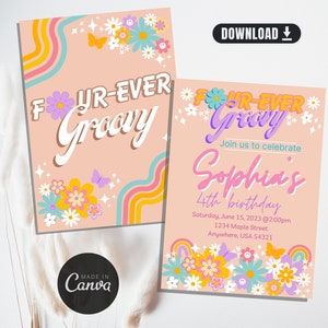 Four Ever Groovy, Fourth Birthday, Invitations, Birthday Invites, Fourever, Forever Groovy, Four, Girl birthday invitations, hippy birthday