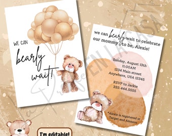 Can Bearly warten Baby-Dusche-Einladung | Niedliche Babypartyeinladung | Bär Baby Shower Invite | Ästhetische Babyparty | neutral | druckbar