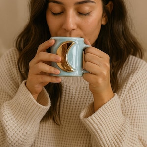 Handmade Deco Moon Mug: Blue & Green Pottery with 22k Gold Luster