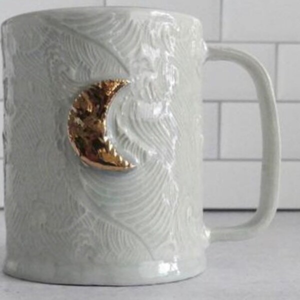 Handmade,hand built light blue Waves Moon mug 17oz with 24k gold luster, Coffee Lover Pottery Mug  - Gift for Her - Gift for Him