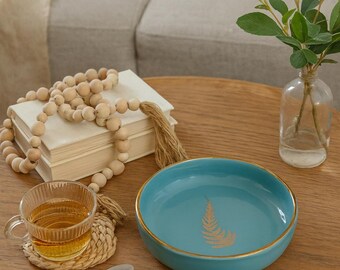 Turquoise Porcelain Plate: 22k Gold Fern, Jewelry Dish