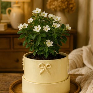 Puede incluir: Una planta en maceta con flores blancas y hojas verdes en una maceta de cerámica amarillo claro con un diseño de lazo. La maceta descansa sobre una bandeja de madera. Una lámpara y una cómoda están en el fondo.