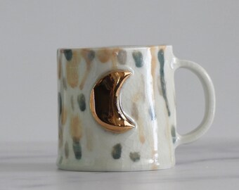 Handmade, Hand-built dripping moon mug 12oz with 24k goldluster, Coffee Lover Pottery Mug - Handmade Mug - Gift for Her - Gift for Him