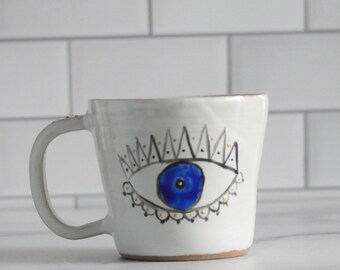Handmade,  Evil eyes mug 10oz ,Coffee Lover Pottery Mug - Handmade Mug - Gift for Her - Gift for Him