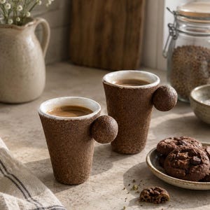 May include: Two brown textured ceramic coffee mugs with a round handle, filled with coffee. A small plate of chocolate chip cookies sits nearby. A vase of white flowers and a wooden cutting board are in the background.