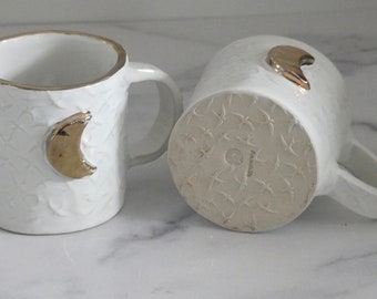 Handmade, Hand-built birds moon mug 12oz with 24k goldluster, Coffee Lover Pottery Mug - Handmade Mug - Gift for Her - Gift for Him