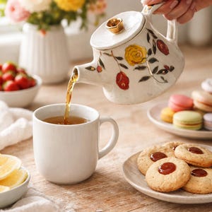 Hand built Hand painted Tea pot with 24k gold luster .