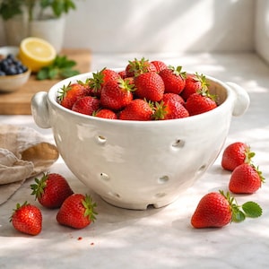 May include: A white ceramic bowl filled with fresh, ripe strawberries. The bowl has two handles and small holes around the sides. Several strawberries are scattered around the bowl on a light-colored surface. The strawberries are bright red with green stems.
