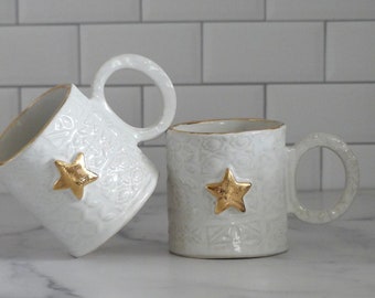 Handmade, Hand-built cookie star mug 12oz with 24k goldluster, Coffee Lover Pottery Mug - Handmade Mug - Gift for Her -Christmas mug