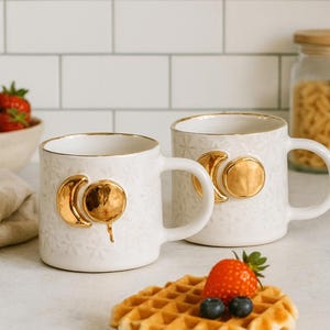 Handmade Snowflakes Moon Pottery Mug with 24k Gold Luster