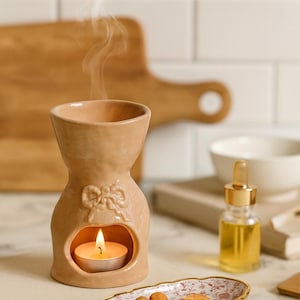 Handmade Ceramic Oil Burner with Bow – Incense & Candle Holder