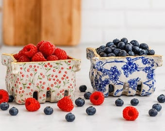 Handmade Ceramic Berries Bowl: 24K Gold Rim, Floral Design