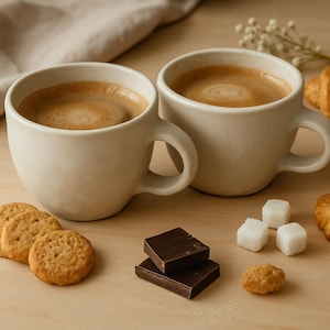 Könnte beinhalten: Zwei weiße Keramikbecher mit Kaffee, dazu Kekse, Schokoladenquadrate, Würfelzucker und ein Gebäck auf einer hellen Holzoberfläche. Ein neutrales Tuch und Zweige weißer Blumen befinden sich im Hintergrund.