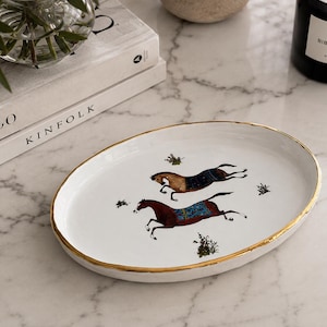 Persian Empire Horse Dish Handmade Persian Horse Tray: Gold-Accented Ceramic Jewelry Plate