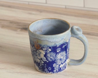 Rustic chic Vintage blue flower mug 8oz ,with 24k gold luster,gift for her , gift