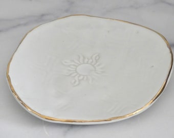 Handmade ceramic white Sun plate, cookie plate,jewelry plate .shabby chic, with24k gold luster, gift