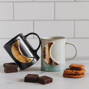 Handmade Moon Mug: Blue & Black Pottery with 22k Gold Luster, 8oz