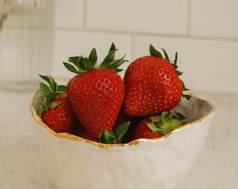 Handmade Ceramic Pinch Bowl: White Clay with 24k Gold Luster