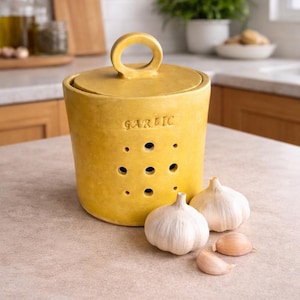 Handmade Garlic Jar with Lid – Glossy Beige Peach
