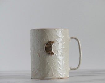 Handmade,hand built white Birds Moon mug 17oz with 24k gold luster, Coffee Lover Pottery Mug  - Gift for Her - Gift for Him